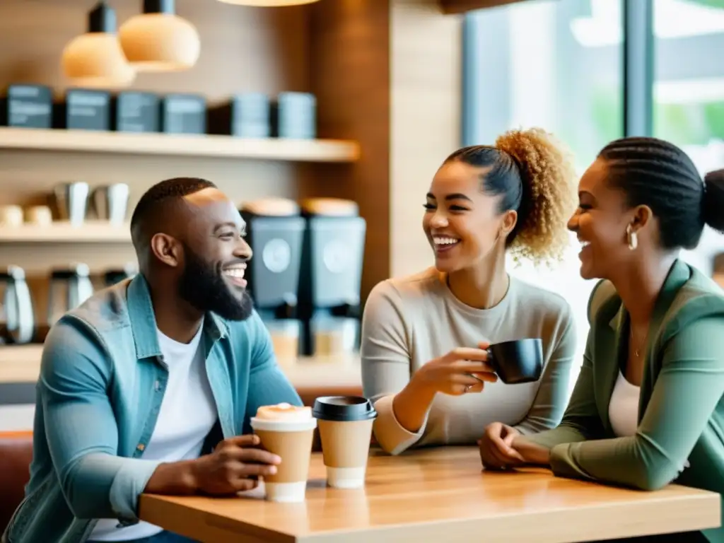 Clientes diversos disfrutan de una animada charla en una moderna cafetería, mostrando emoción y conexión