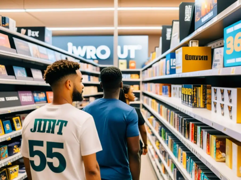 Compras animadas en tienda moderna con variedad de productos Clientes diversificados exploran productos en tienda moderna, conmerchandising derechos autor ley