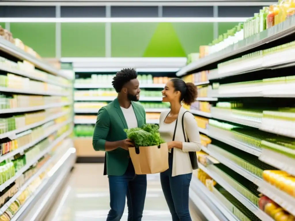 Clientes diversos examinan etiquetas ecológicas en supermercado moderno