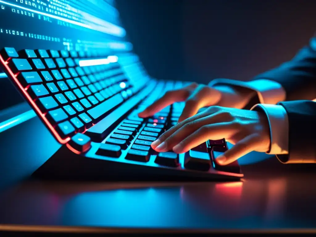 Close-up de manos de hacker tecleando en un teclado futurista con líneas de código y elementos digitales brillantes