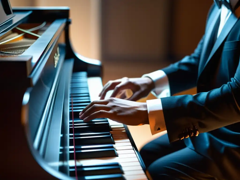 Closeup de manos de músico tocando piano, con expresión concentrada