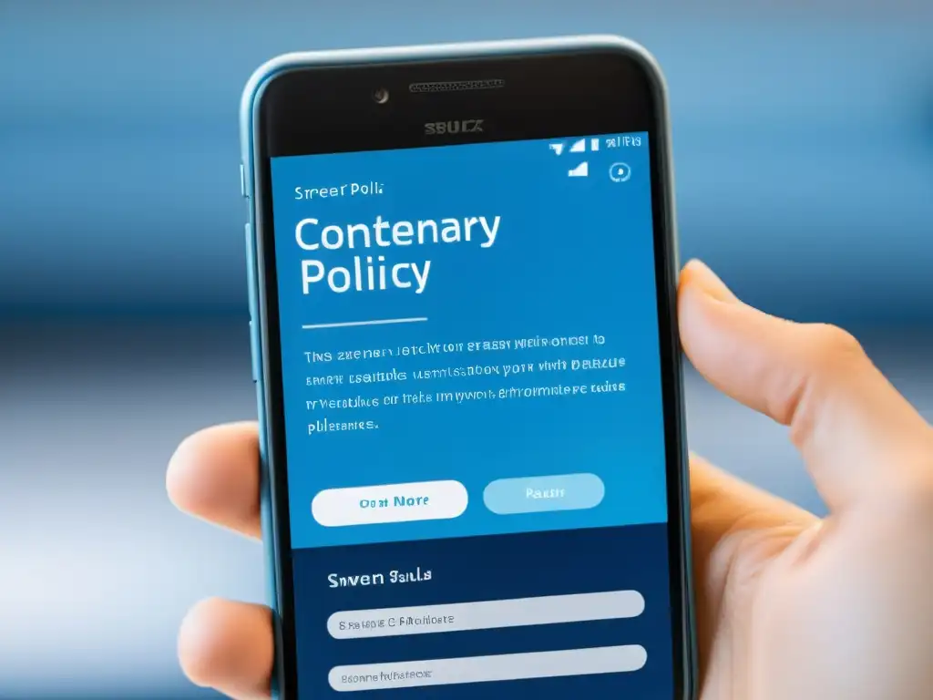 Close-up de pantalla de smartphone mostrando Políticas de privacidad en propiedad intelectual en español, con diseño moderno en azules y grises