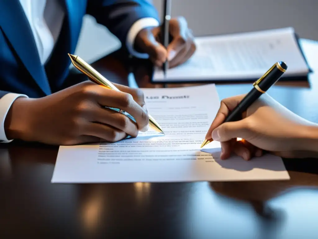 Closeup de dos personas firmando un documento legal en una mesa