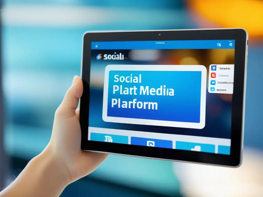 Closeup de tableta con vibrante interfaz de redes sociales, destacando contenido de usuarios y cobertura profesional