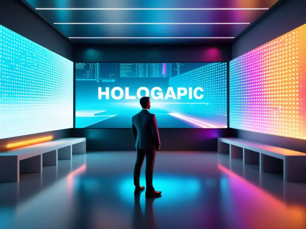 Proyección holográfica de código de software futurista en oficina minimalista con elementos tecnológicos