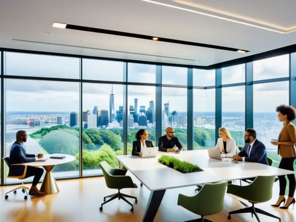 Colaboración de empleados en oficina moderna con vistas panorámicas