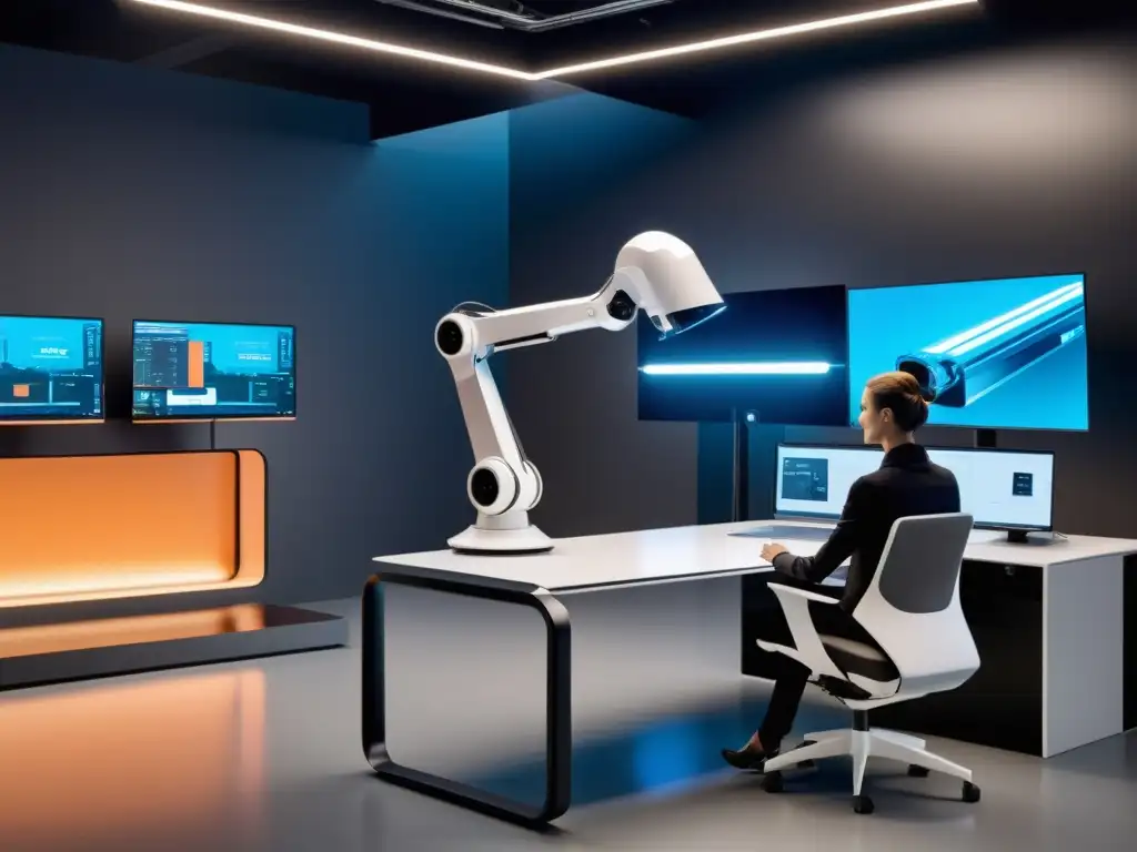 Colaboración futurista entre diseño industrial y inteligencia artificial en estudio moderno, resaltando la propiedad intelectual en diseño industrial
