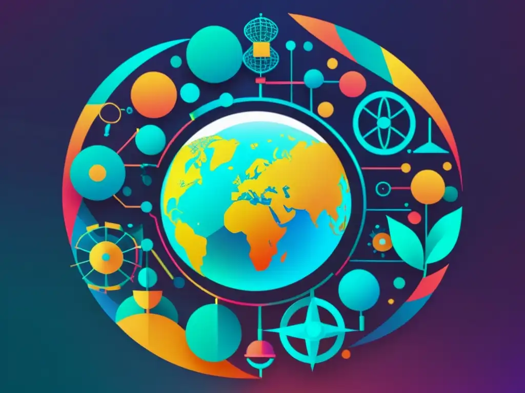 Colaboración internacional en propiedad intelectual: una visión futurista de innovación y progreso global en un collage digital