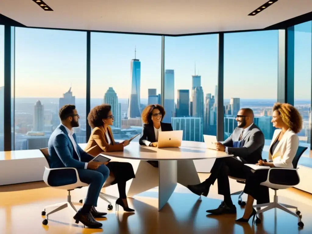 Colaboraciones legales entre influencers y marcas: Reunión dinámica y profesional en una moderna oficina con vista a la ciudad