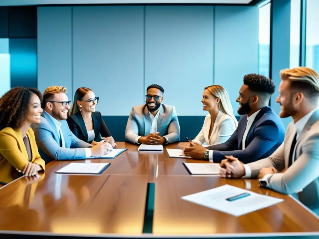 Colaboraciones legales entre influencers y marcas en moderna negociación de contratos en sala iluminada con luz natural