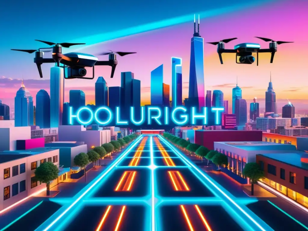 Colage digital de una ciudad futurista con hologramas de símbolos de copyright y leyes de propiedad intelectual, drones y vehículos automáticos