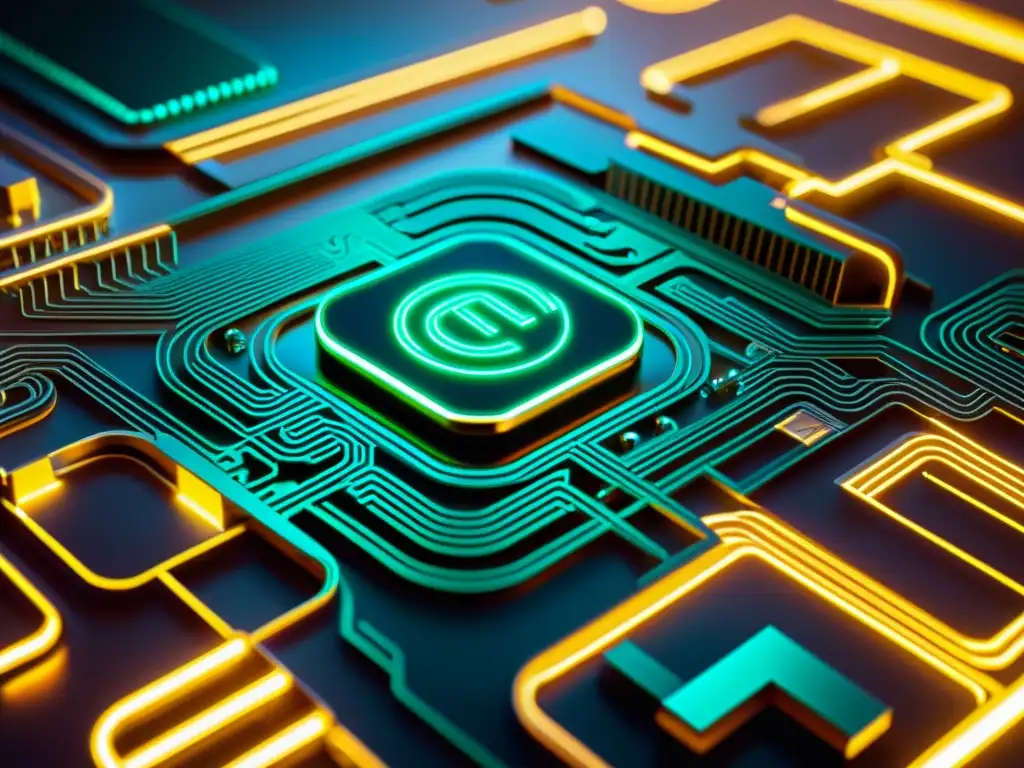 Colage digital futurista de circuitos y símbolos de copyright entrelazados con código binario, representando el balance regulatorio protección propiedad intelectual en tonos metálicos y acentos neón