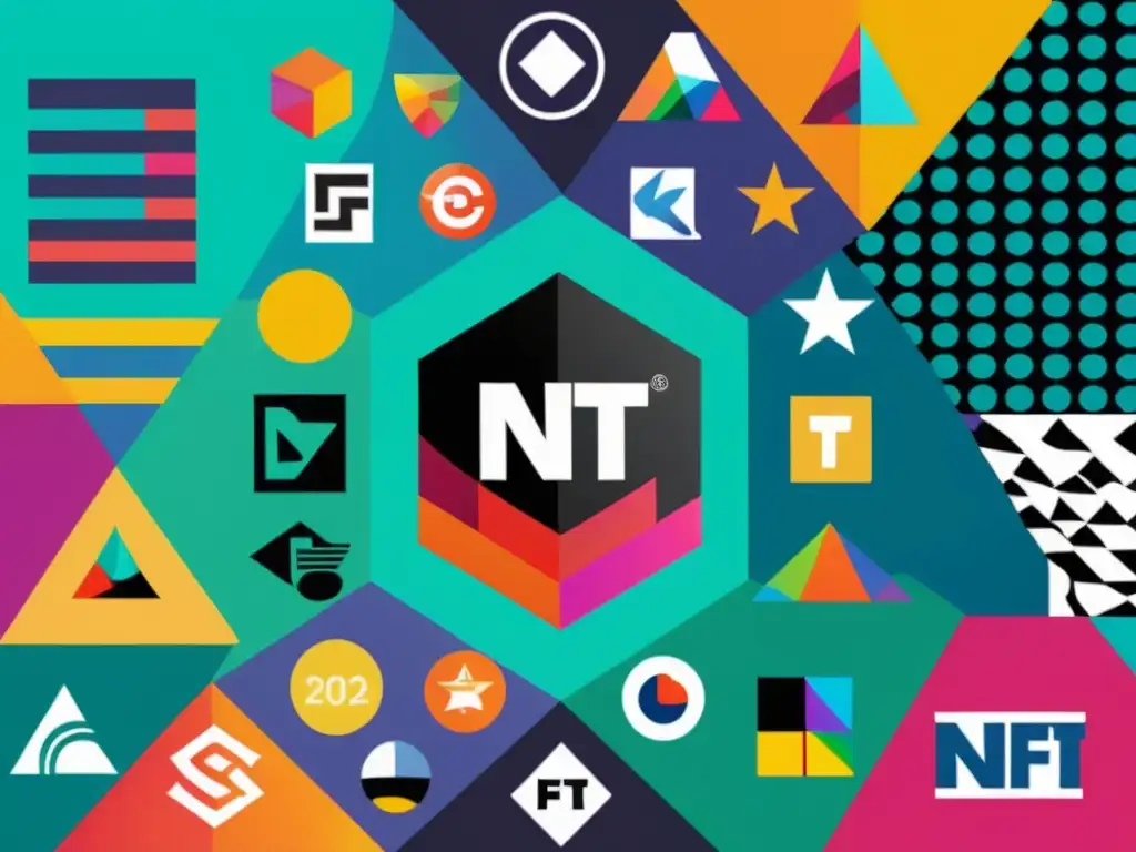 Colage digital con obras de arte NFT y logotipos de marcas registradas, destacando la importancia de las marcas en el arte digital