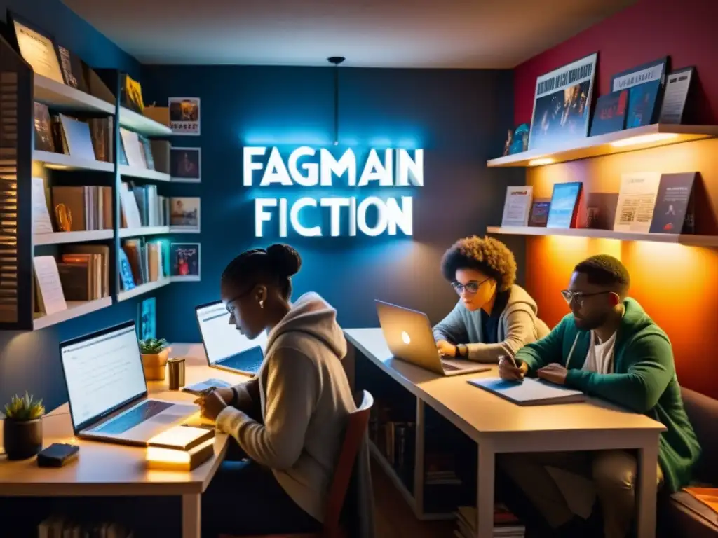 Un colectivo de apasionados escritores se reúne en una habitación tenue, inmersos en la creación de fan fiction