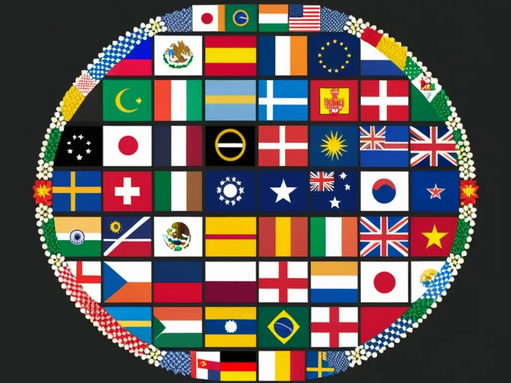 Collage de banderas internacionales en un círculo, representando extensiones internacionales de protección de marca