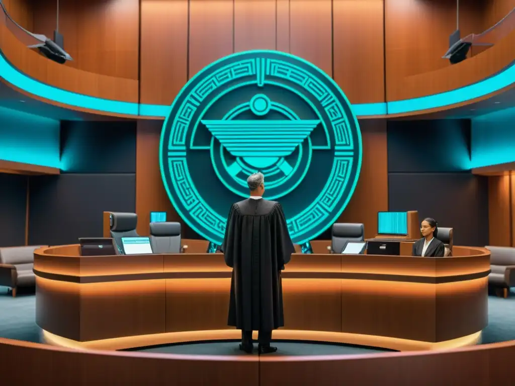 Un collage digital muestra una escena judicial con elementos tradicionales y futuristas, abordando derechos de autor en modificaciones digitales