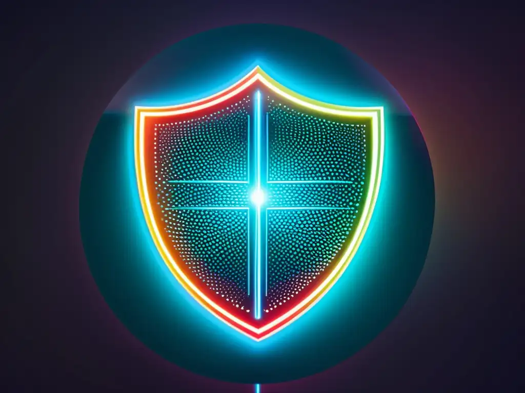 Un collage digital futurista muestra una red de puntos de datos que forman un escudo, simbolizando la protección de identidad corporativa