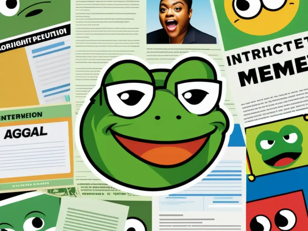 Un collage digital de memes populares con símbolos de copyright y documentos legales, representando la protección legal de memes en el entorno digital