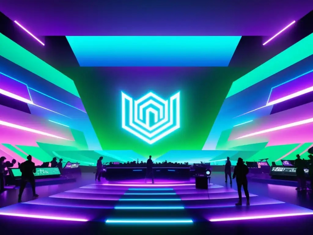 Collage digital vibrante y futurista de una arena virtual de eSports con licencias música transmisiones eSports, música, color y acción