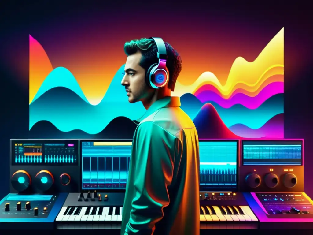 Un collage digital vibrante y futurista que representa la complejidad de la producción musical electrónica