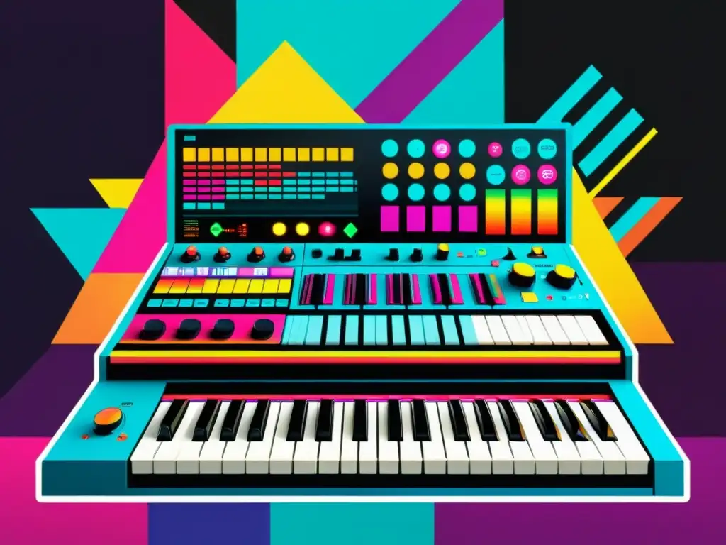 Collage digital vibrante y moderno con equipos de producción musical y formas geométricas coloridas