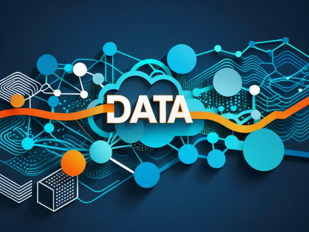 Collage futurista de datos y símbolos de propiedad intelectual, evocando la complejidad del Big Data en la Ética del Big Data en Propiedad Intelectual