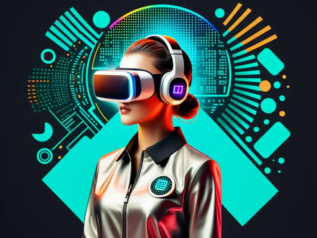 Collage futurista de dispositivos tecnológicos, símbolos de propiedad intelectual y elementos de realidad virtual, desafiando la era digital