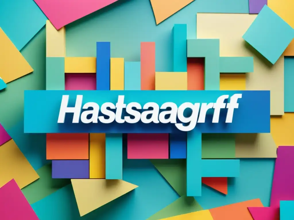 Collage moderno y vibrante de hashtags sobre fondo abstracto, conectando creatividad digital