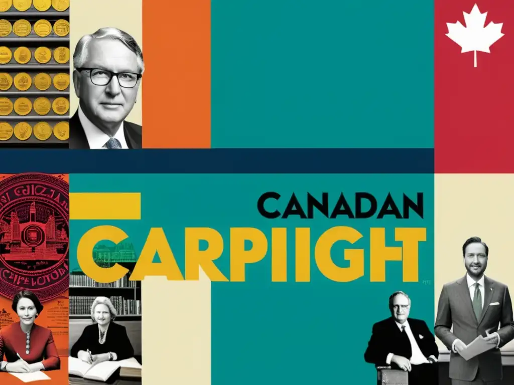 Collage vibrante y moderno que representa la historia de la ley de derechos de autor en Canadá, con colores dinámicos y detalles intrincados