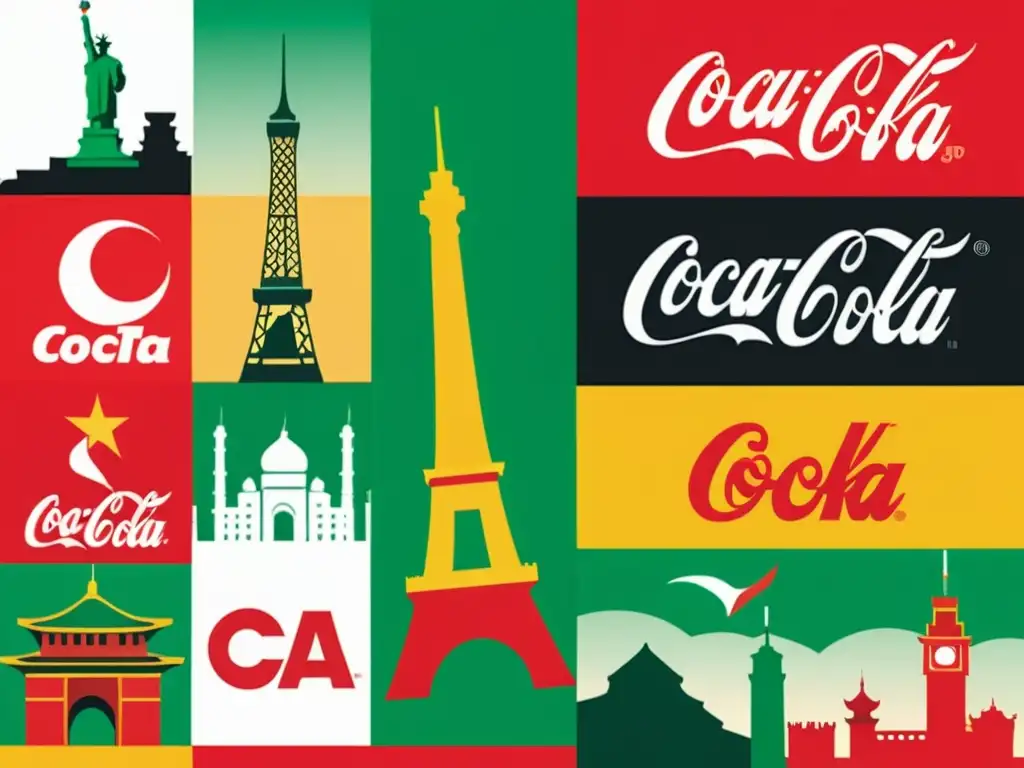 Collage vibrante y moderno de hitos globales y marcas icónicas, capturando la importancia de marca fuerte global