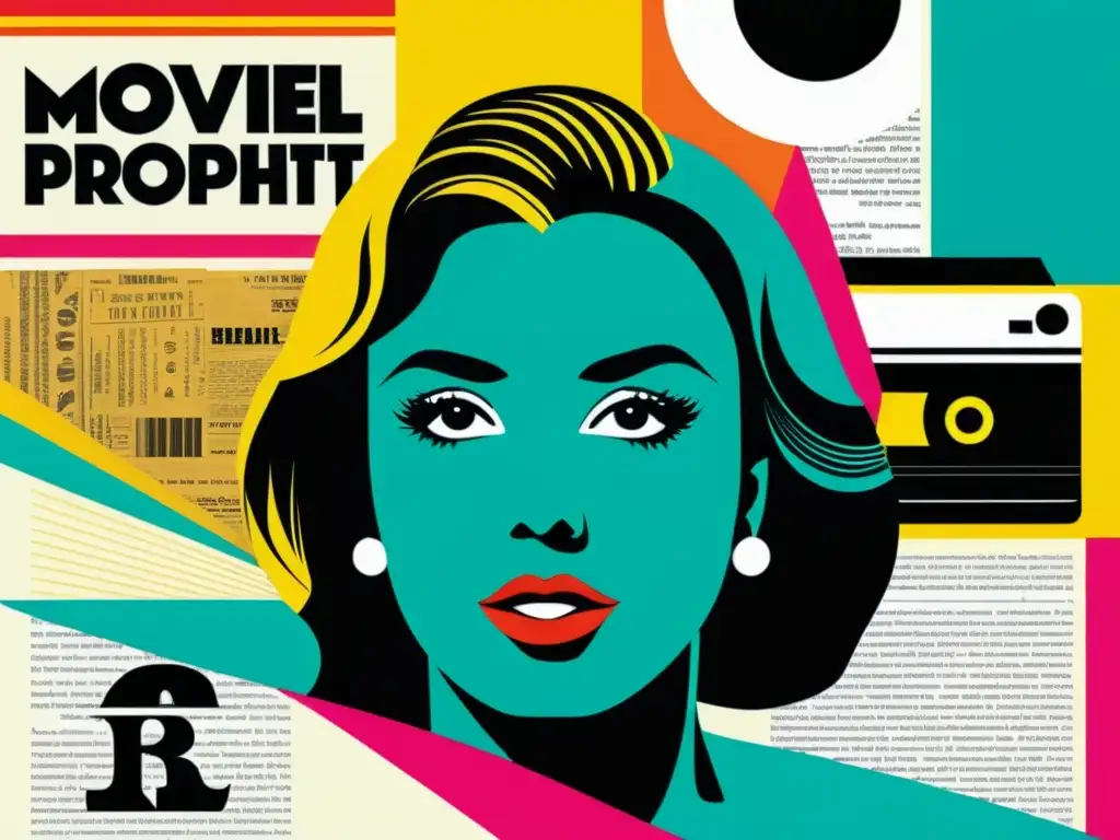 Un collage vibrante y moderno que destaca imágenes icónicas de la cultura pop con símbolos de derechos de autor y documentos legales, reflejando la complejidad de los derechos de autor en la cultura pop