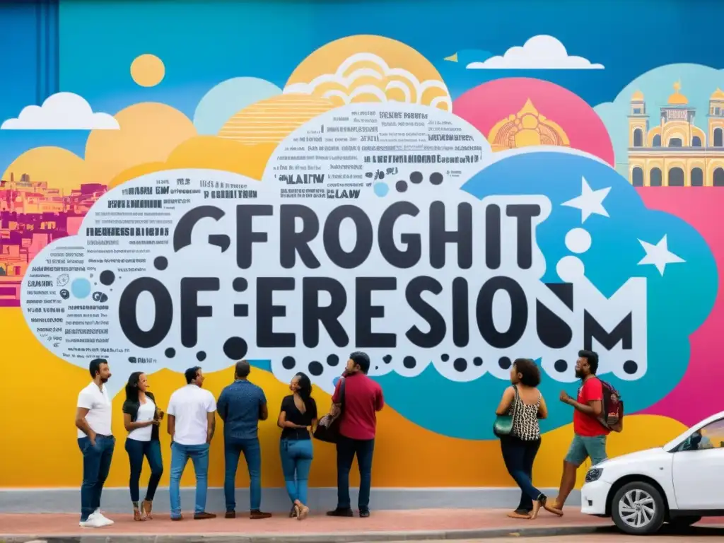 Colorido mural de América Latina que representa la intersección de derechos de autor y libertad de expresión, con personas debatiendo y paisajes vibrantes