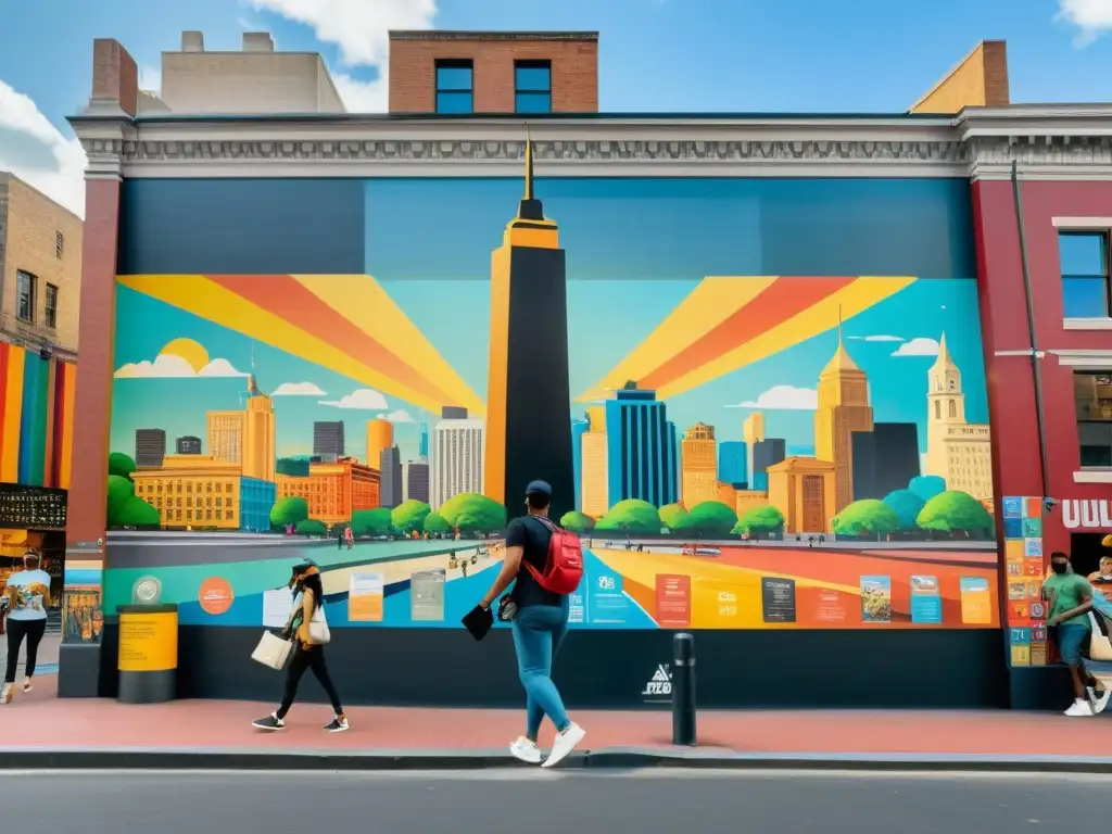 Colorido mural urbano con mercancía artística y símbolos legales, reflejando la intersección de arte, merchandising y derechos de autor en la ciudad