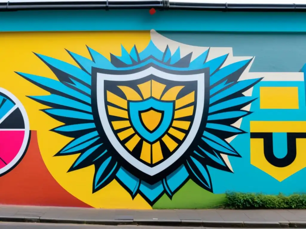 Colorido mural urbano protegido por un escudo legal, representando conflictos legales en arte callejero