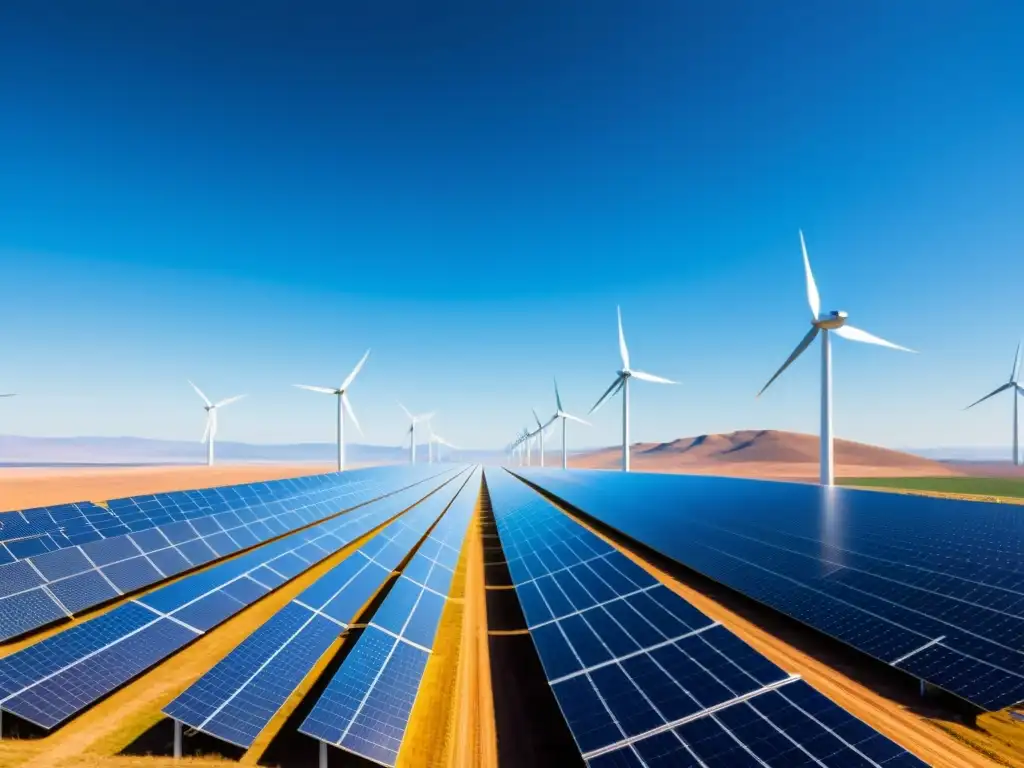 Competencia global en patentes de energía renovable: campo futurista de paneles solares y modernos aerogeneradores bajo el cielo azul