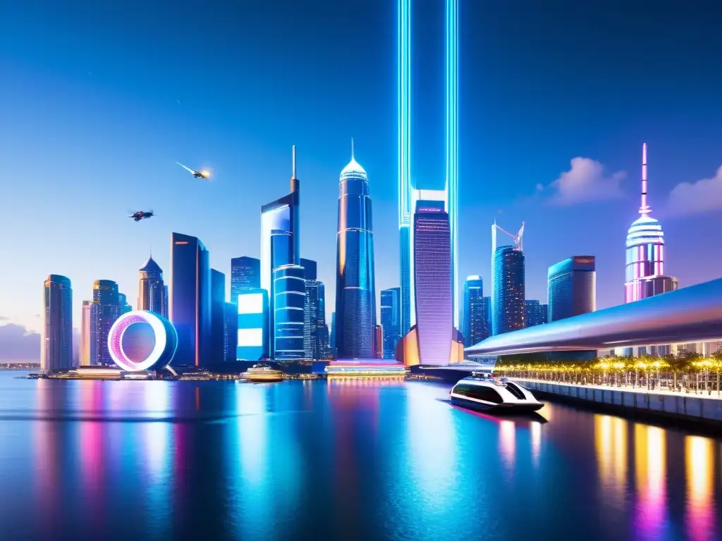 Competencia Global en Patentes de IA: Futurista ciudad con rascacielos interconectados, transporte avanzado y colaboración en investigación de IA