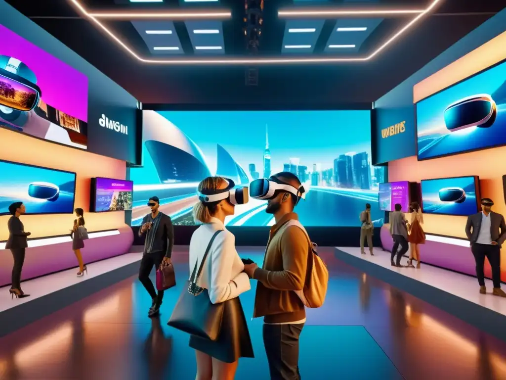 Una competencia justa en realidad virtual: un bullicioso mercado virtual con diversos visores de realidad virtual en exhibición, rodeado de arquitectura futurista y vibrantes anuncios digitales, mientras avatares de personas se dedican al comercio y la exploración