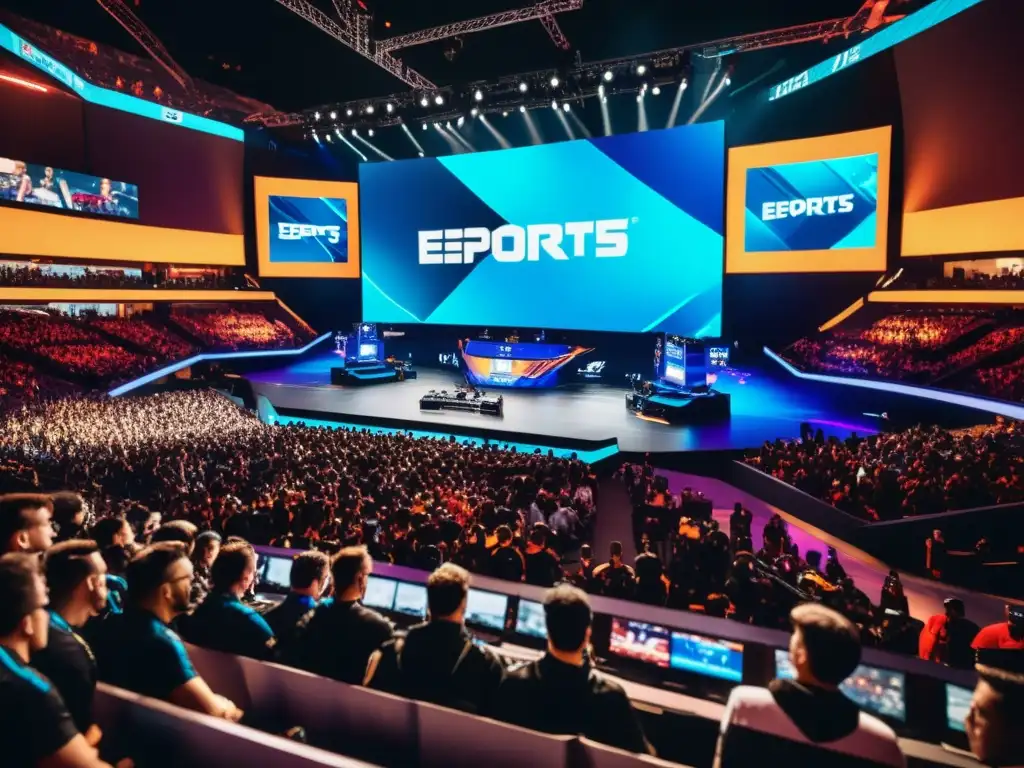 Una competición profesional de eSports con jugadores concentrados en sus pantallas, rodeados de una multitud animada en un escenario futurista