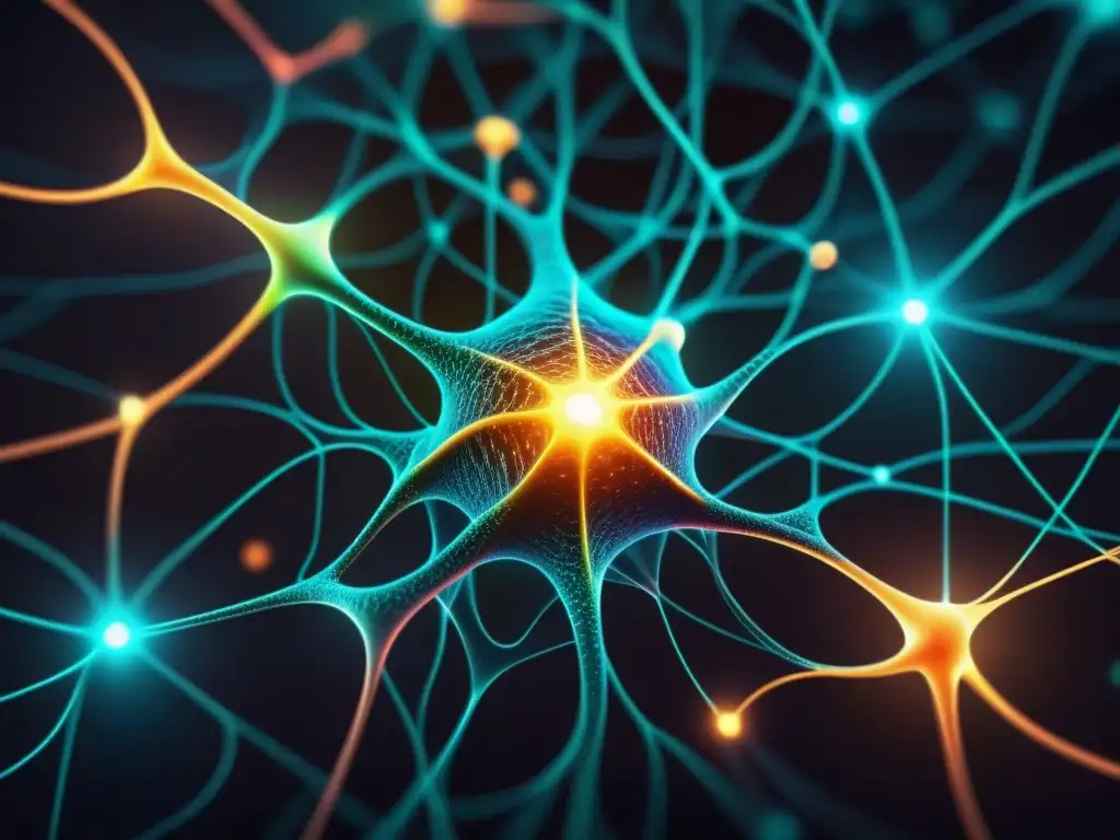 Compleja ilustración digital de neuronas interconectadas con resplandor, evocando la sofisticación tecnológica en deep learning