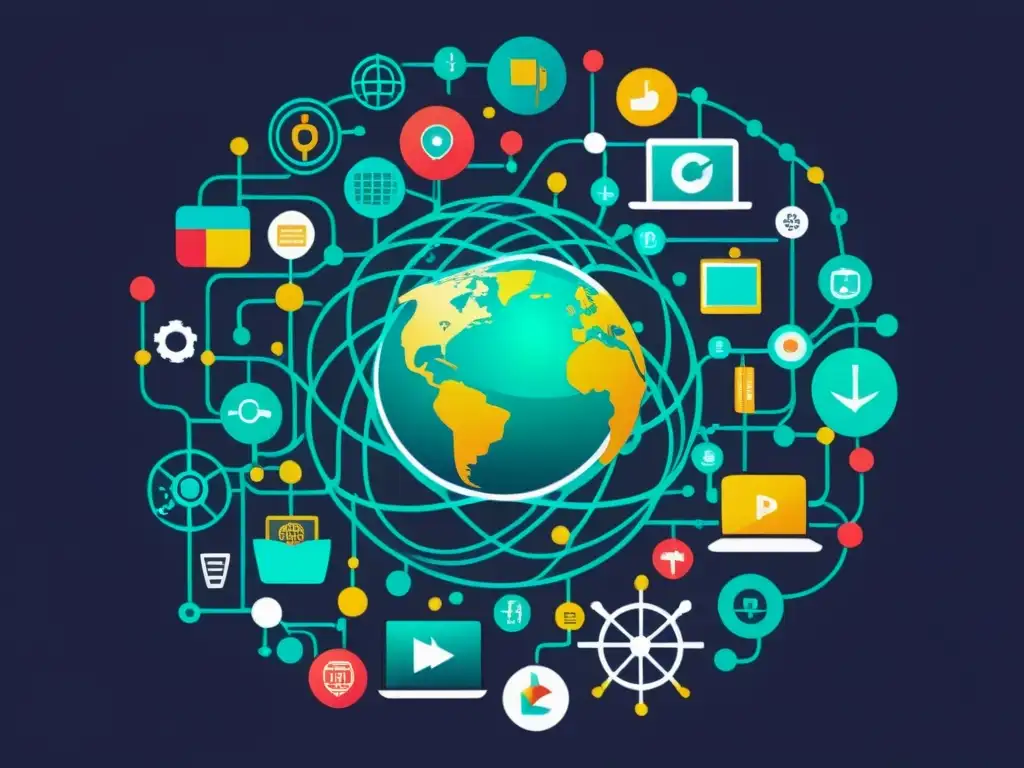 Compleja ilustración digital de red global de dispositivos interconectados, representando la regulación global de propiedad intelectual