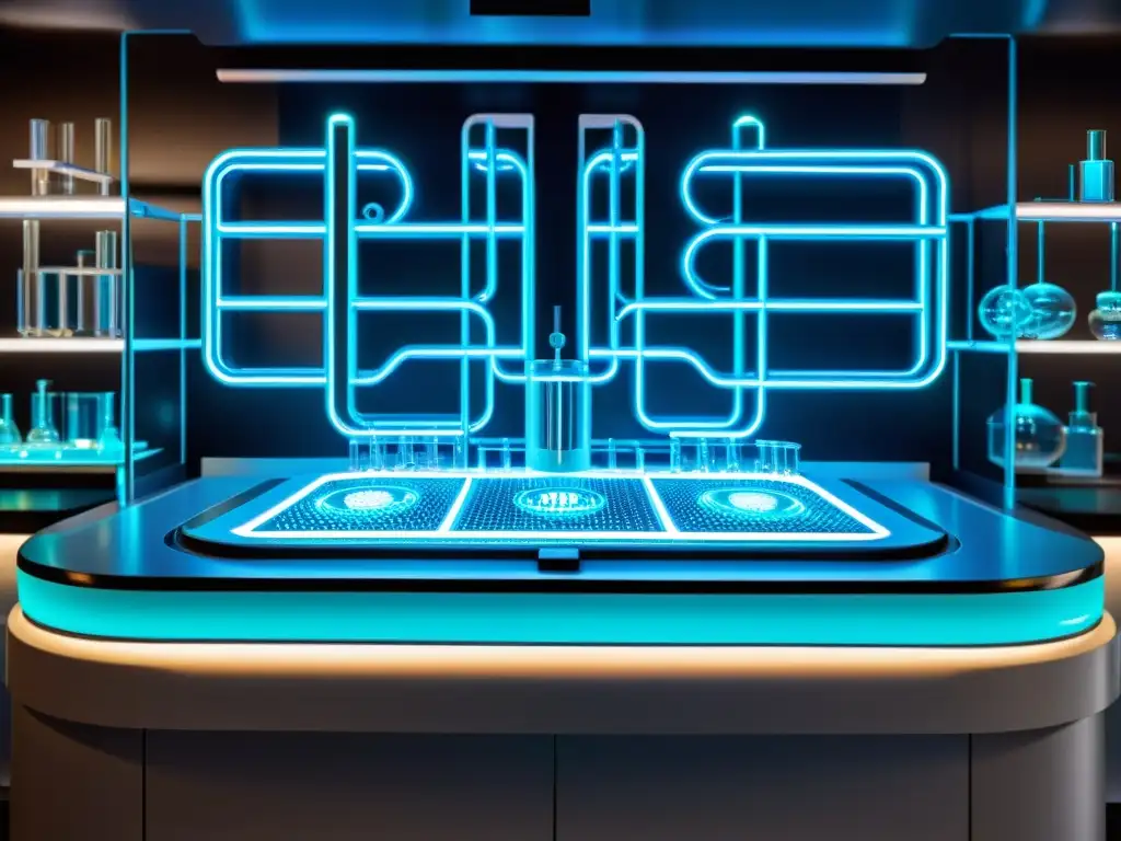 Compleja maquinaria de laboratorio iluminada con un brillo futurista