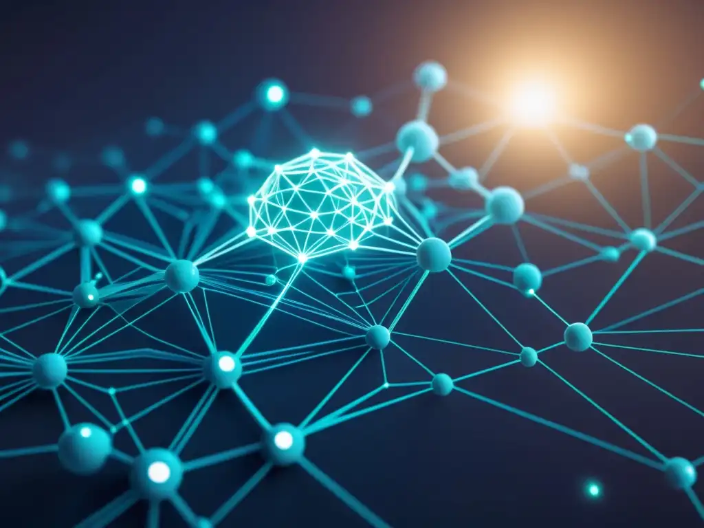 Compleja red de patentes de inteligencia artificial, un entramado futurista de nodos brillantes y líneas interconectadas, simbolizando la complejidad de la innovación tecnológica