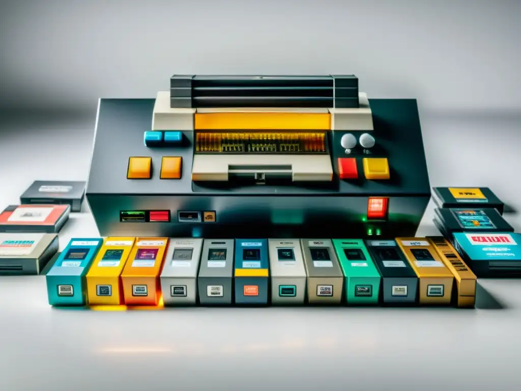 Una composición visual de una antigua consola de videojuegos rodeada por cartuchos y mandos vintage en un elegante escritorio moderno
