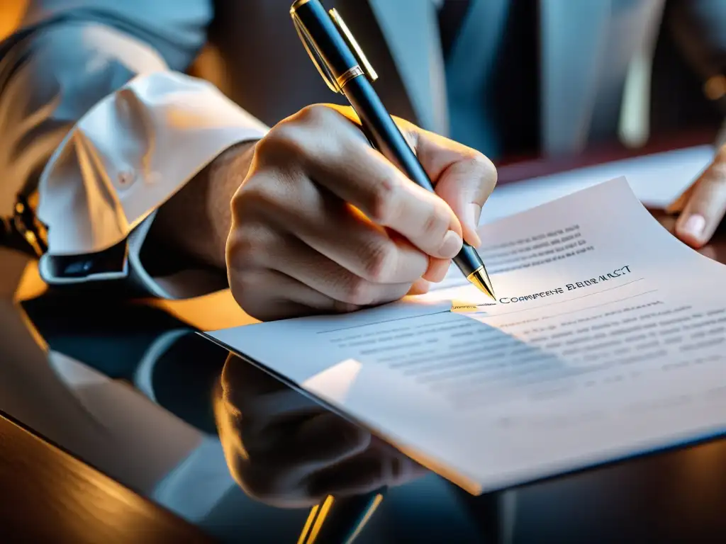 Un compositor firma un contrato con un bolígrafo, transmitiendo seriedad y profesionalismo en la negociación de derechos de compensación compositores