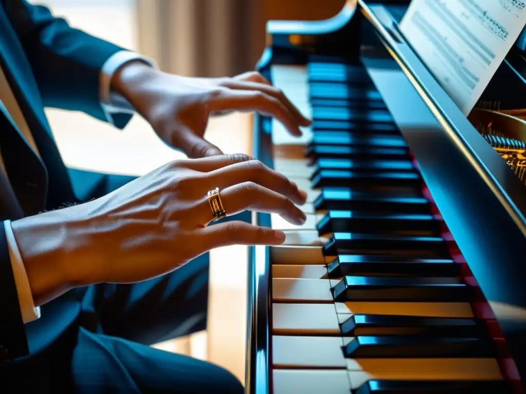 Un compositor toca con gracia un piano de cola, destacando la emoción y la destreza en la creación de una obra maestra musical