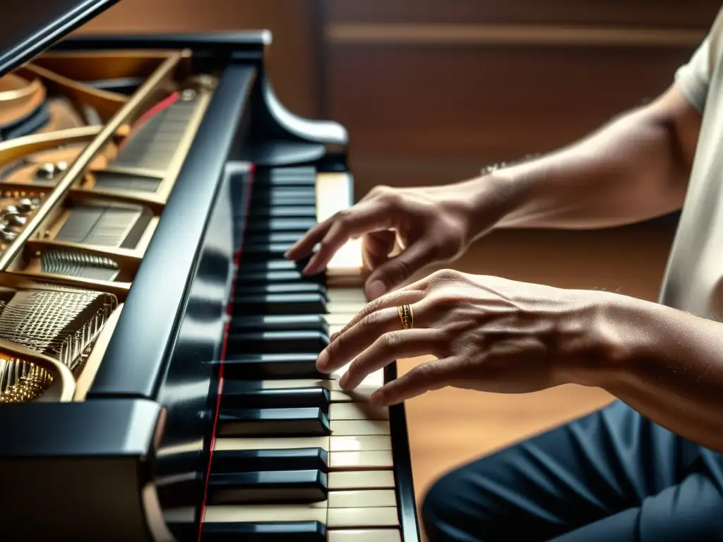 Un compositor crea una hermosa composición original en un piano de cola, mostrando la importancia de los derechos de autor musicales para compositores