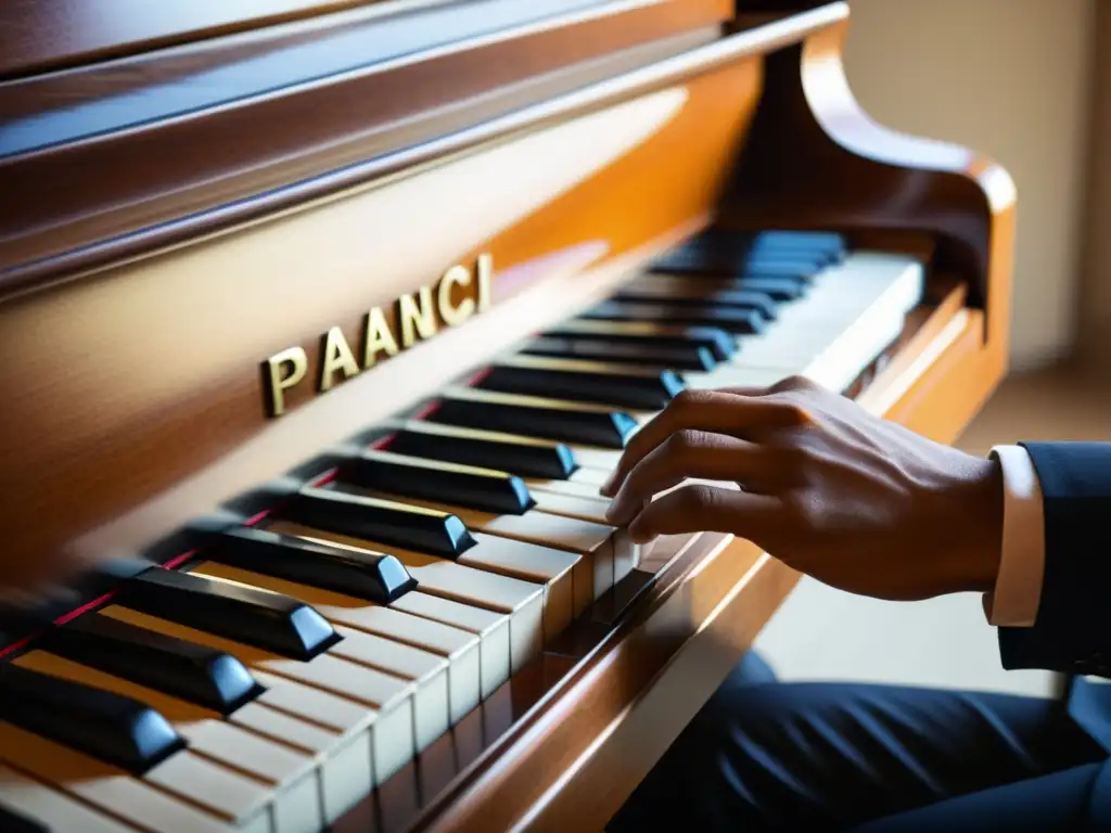 Un compositor toca el piano con expresión y detalle, en un ambiente cálido y creativo