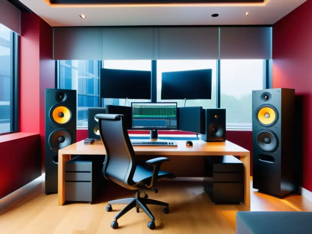 Estudio de grabación moderno y creativo con compositor profesional Un compositor profesional en un estudio moderno y vibrante, creando jingles publicitarios