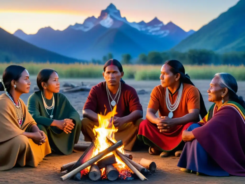 Comunidad indígena reunida alrededor del fuego sagrado, con el sol poniéndose detrás de majestuosas montañas