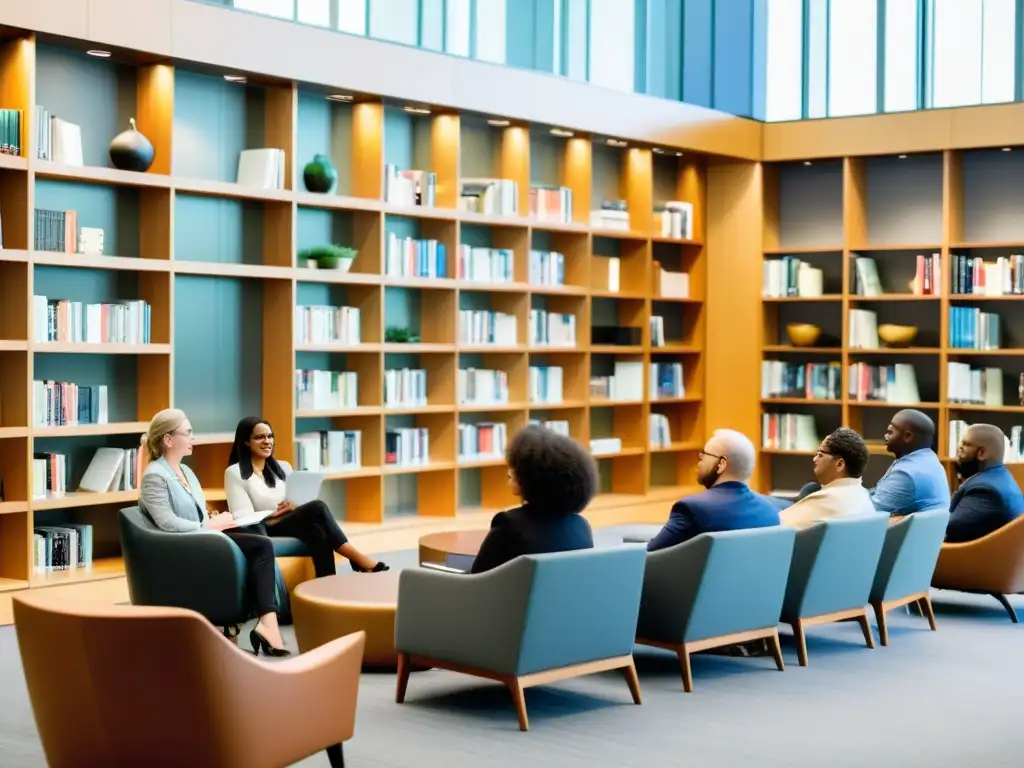 Una comunidad literaria diversa se reúne en una biblioteca contemporánea para un seminario sobre educación en derechos de autor